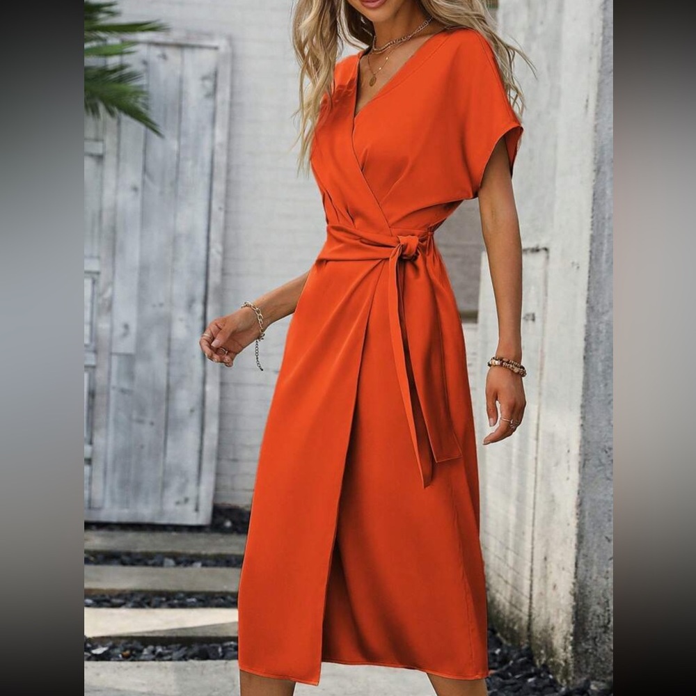 Boho Neon orange Kimono Sleeve Midi Dress - Picture 3 of 5